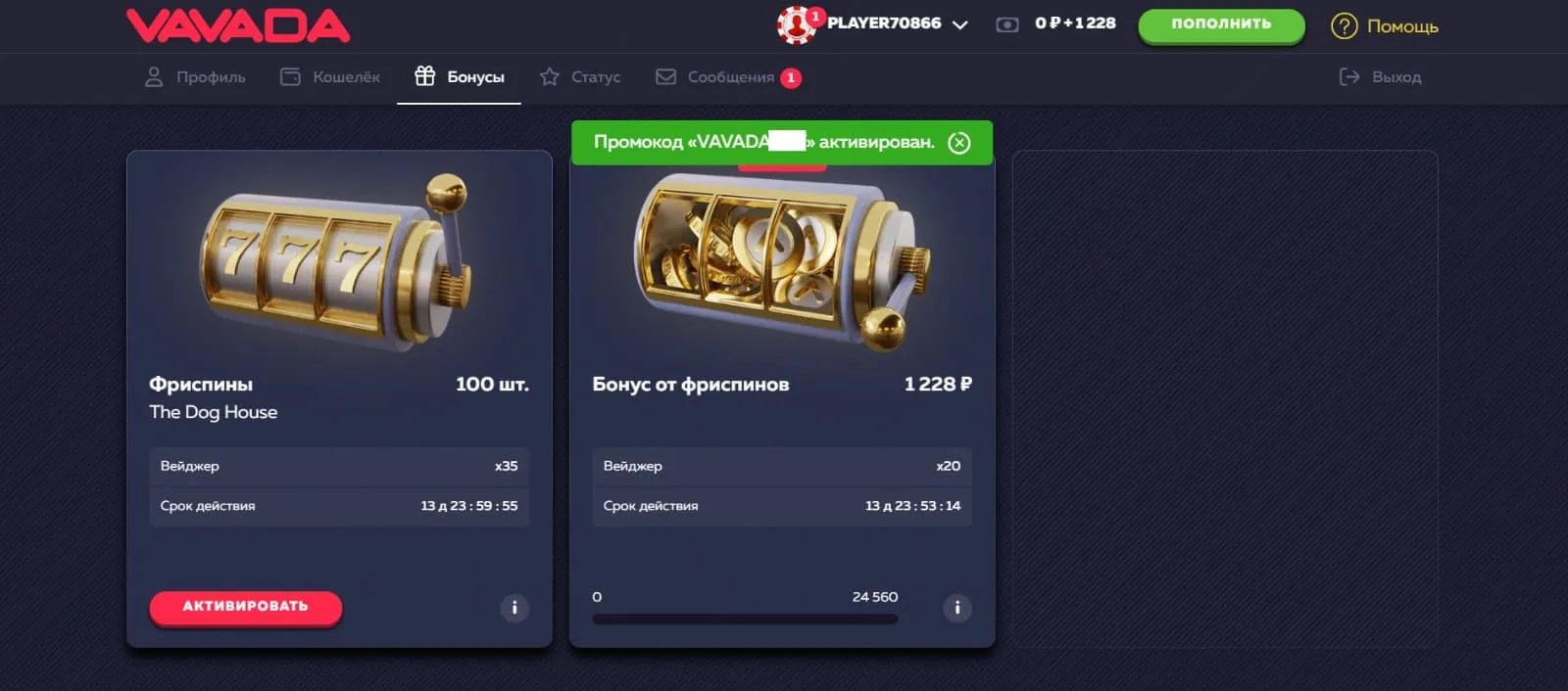 Активация промокодов Вавада